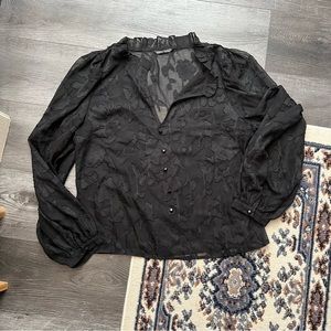 Sheer Lace Floral Black Button Down Blouse Sz M